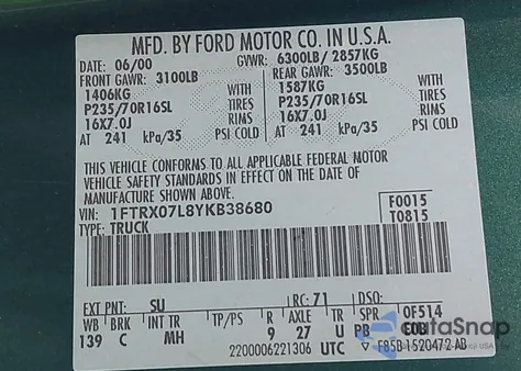2000 Ford F-150 Lariat/Xl/Xlt from USA, damaged, VIN 1FTRX07L8YKB38680